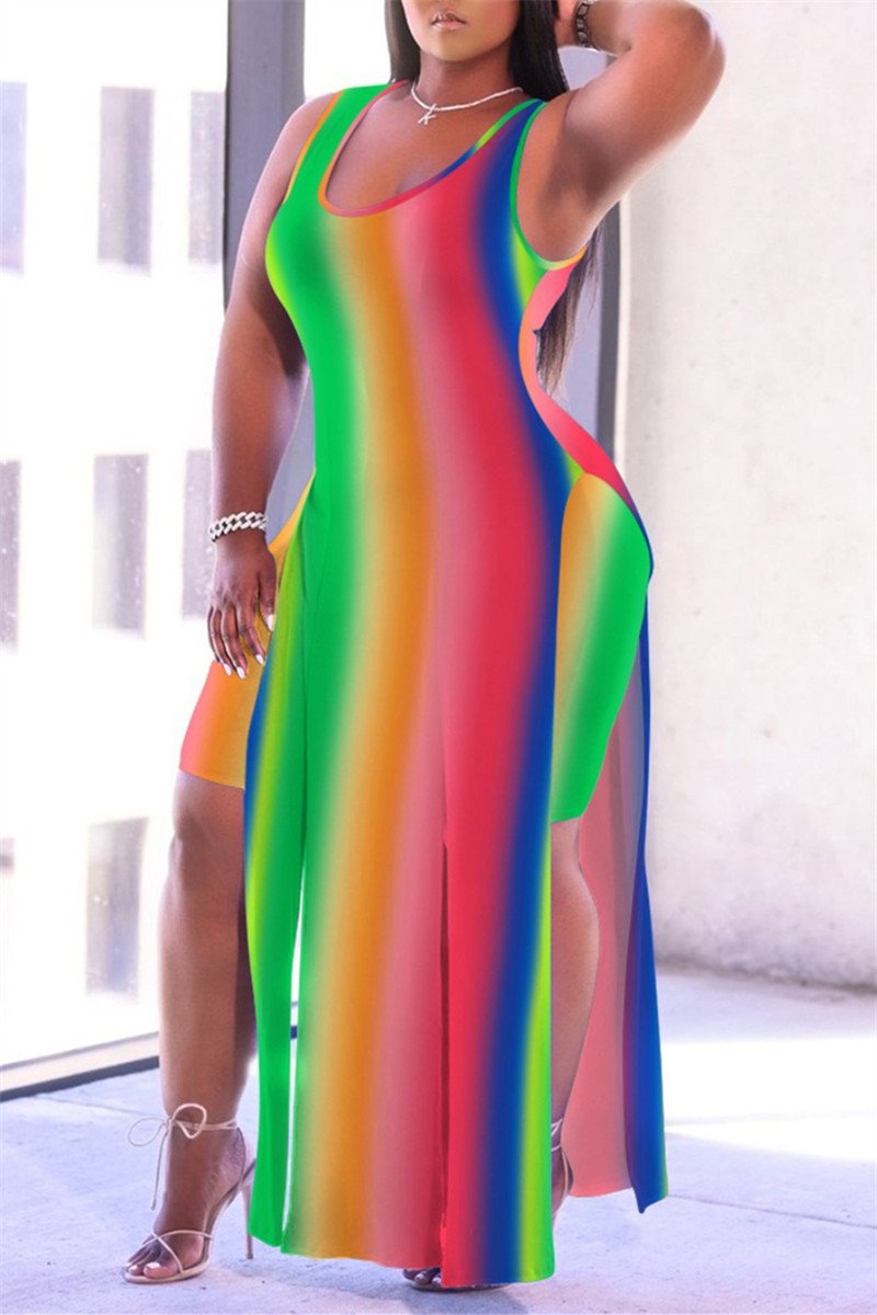 Plus Size Colorful Stripe Slit Two Piece Sets