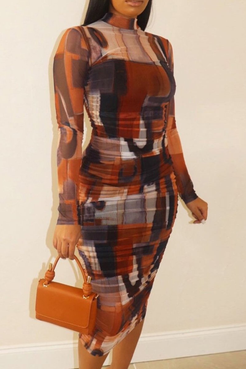 Plus Size Digital Print Long Sleeve Dress