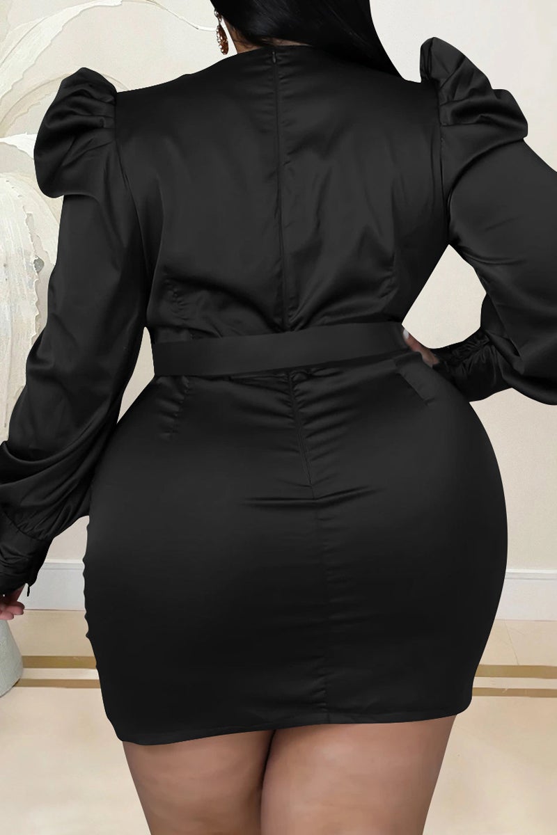 Plus Size Deep V-Neck Puff Sleeve Ruffle Dress