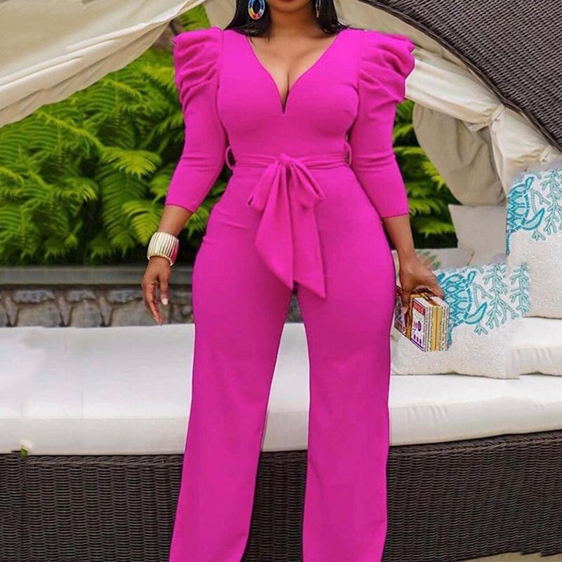 Plus Size Deep V-Neck Puff Sleeve Jumpsuit
