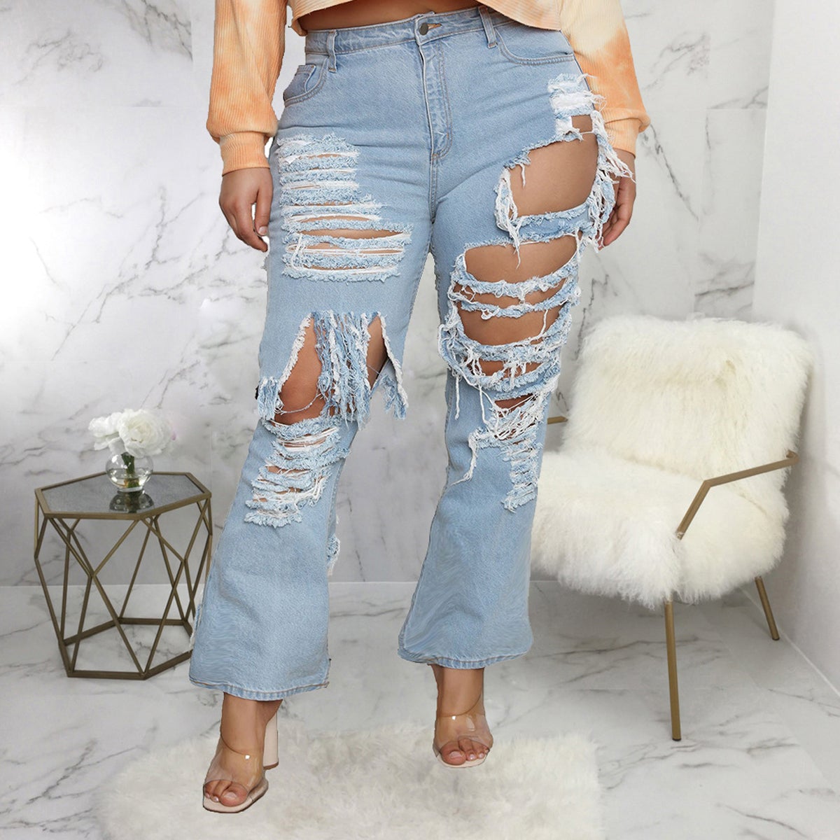Plus Size Denim Hole Distressed Flared Jeans