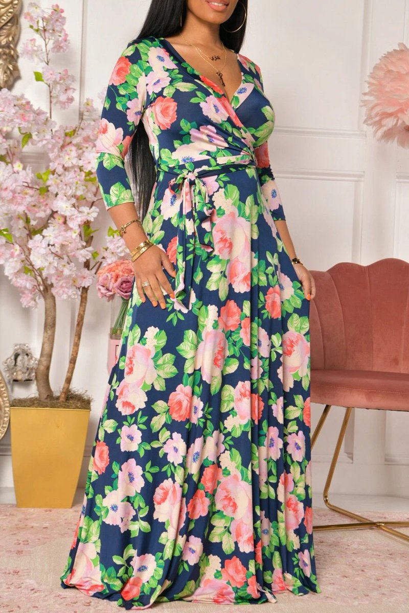 Plus Size Floral Print Strapped V-Neck Maxi Dress