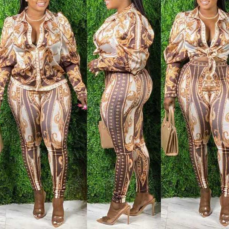 Plus Size Digital Print Long Sleeve Two Piece Sets