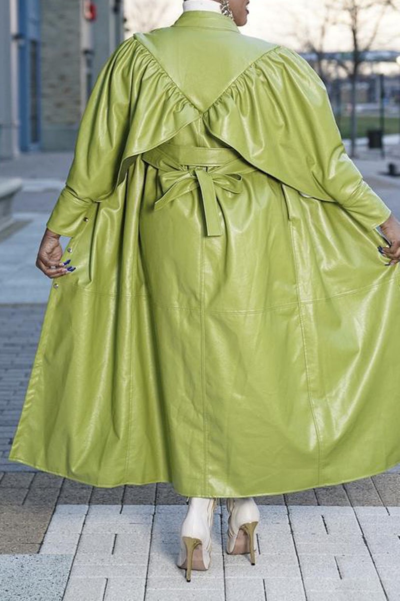 Plus Size Batwing Sleeve PU Ruffle Long Coat
