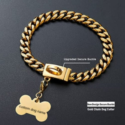 Personalized Gold Dog Chain Collar with New D-Ring Secure Buckle 15MM Strong Stainless Steel Cuban Link Necklace Pet Collar Pet Gift