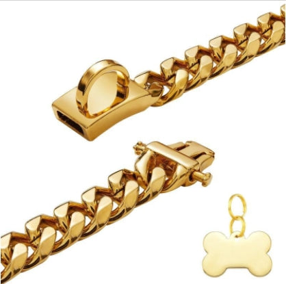 Personalized Gold Dog Chain Collar with New D-Ring Secure Buckle 15MM Strong Stainless Steel Cuban Link Necklace Pet Collar Pet Gift