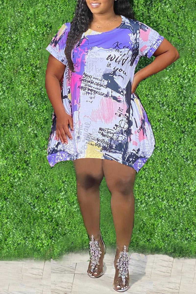 Plus Size Digital Print Irregular Hem Mini Dress