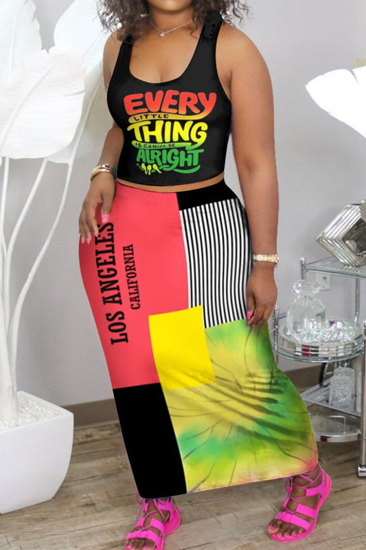 Plus Size Digital Print Sleeveless Two Piece Sets