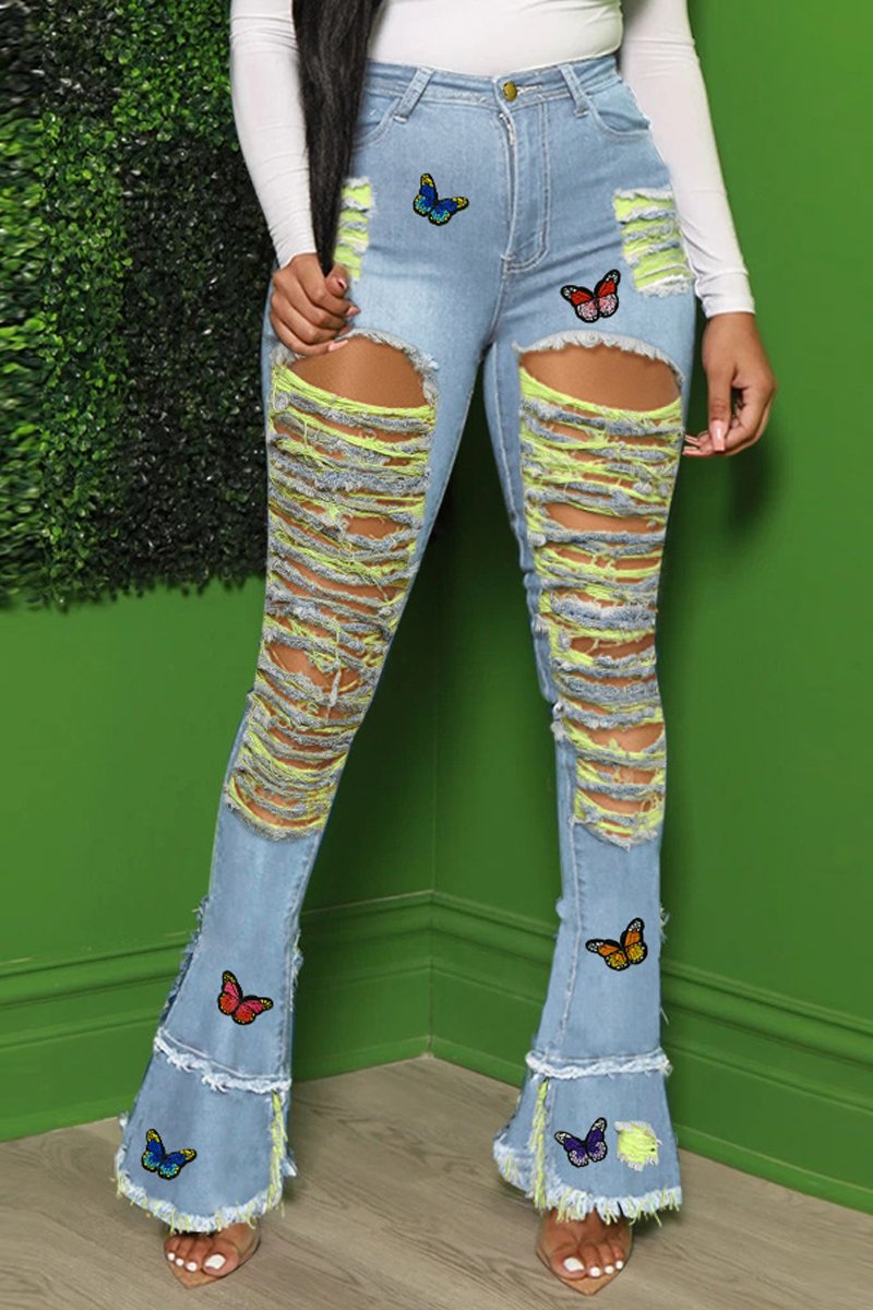 Plus Size Denim Hole Butterfly Print Flared Jeans