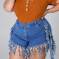 Plus Size Denim Tassel Hem Pocket Shorts