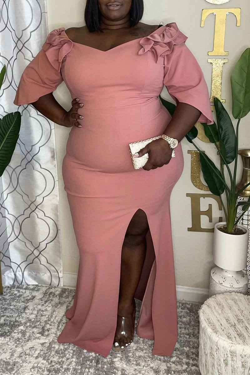 Plus Size Flounced Front Slit Party Maxi Dress