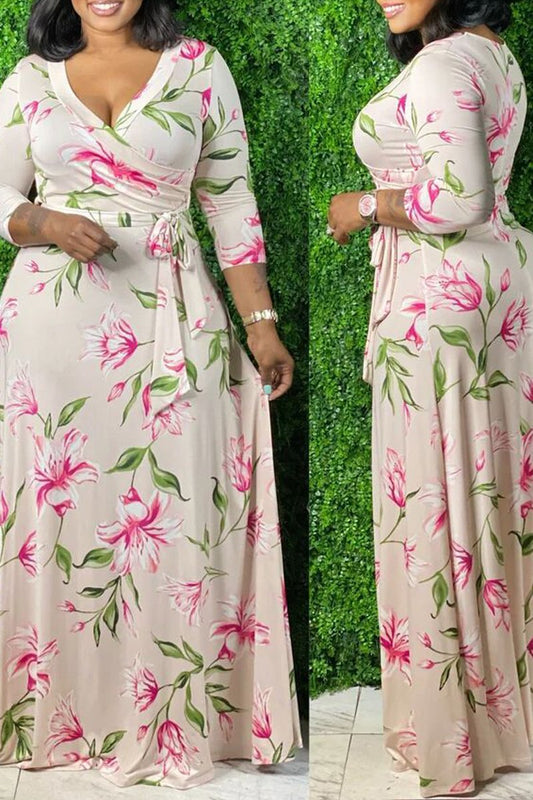 Plus Size Floral Print V-Neck Strapped Maxi Dress