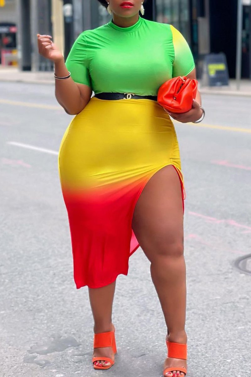 Plus Size Color Splicing Side Slit Midi Dress
