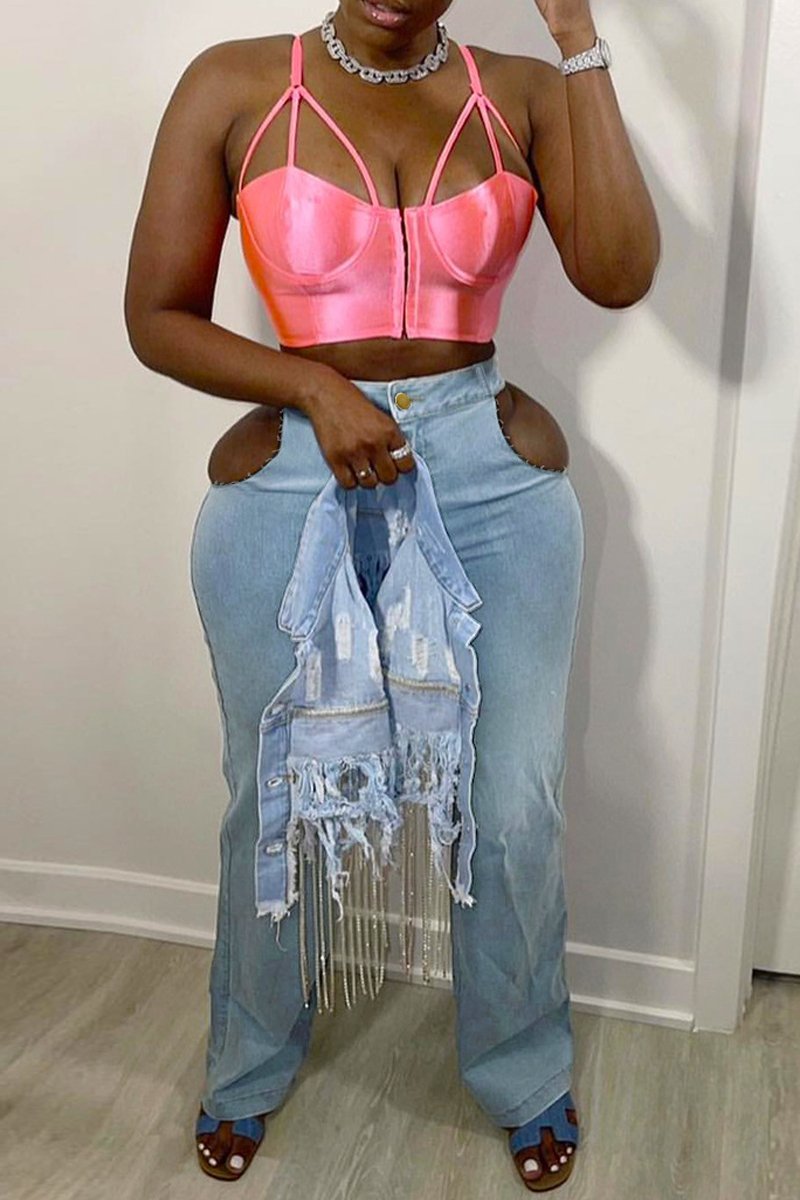 Plus Size Cutout Denim Blue Zipper Jeans