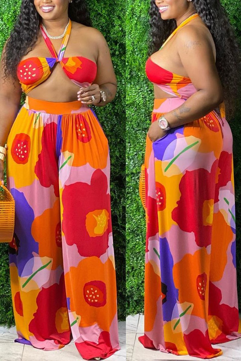 Plus Size Floral Print Criss Cross Two Piece Sets