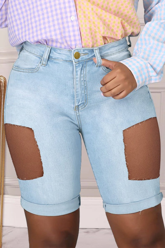 Plus Size Denim Blue Hole Pocket Shorts