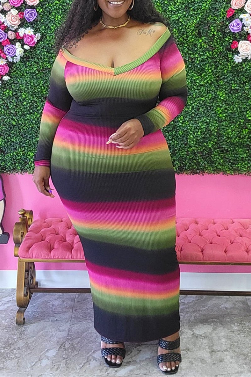 Plus Size Color Splicing V-Neck Maxi Dress