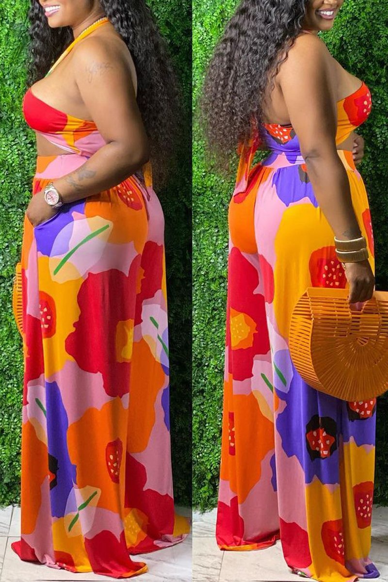 Plus Size Floral Print Criss Cross Two Piece Sets