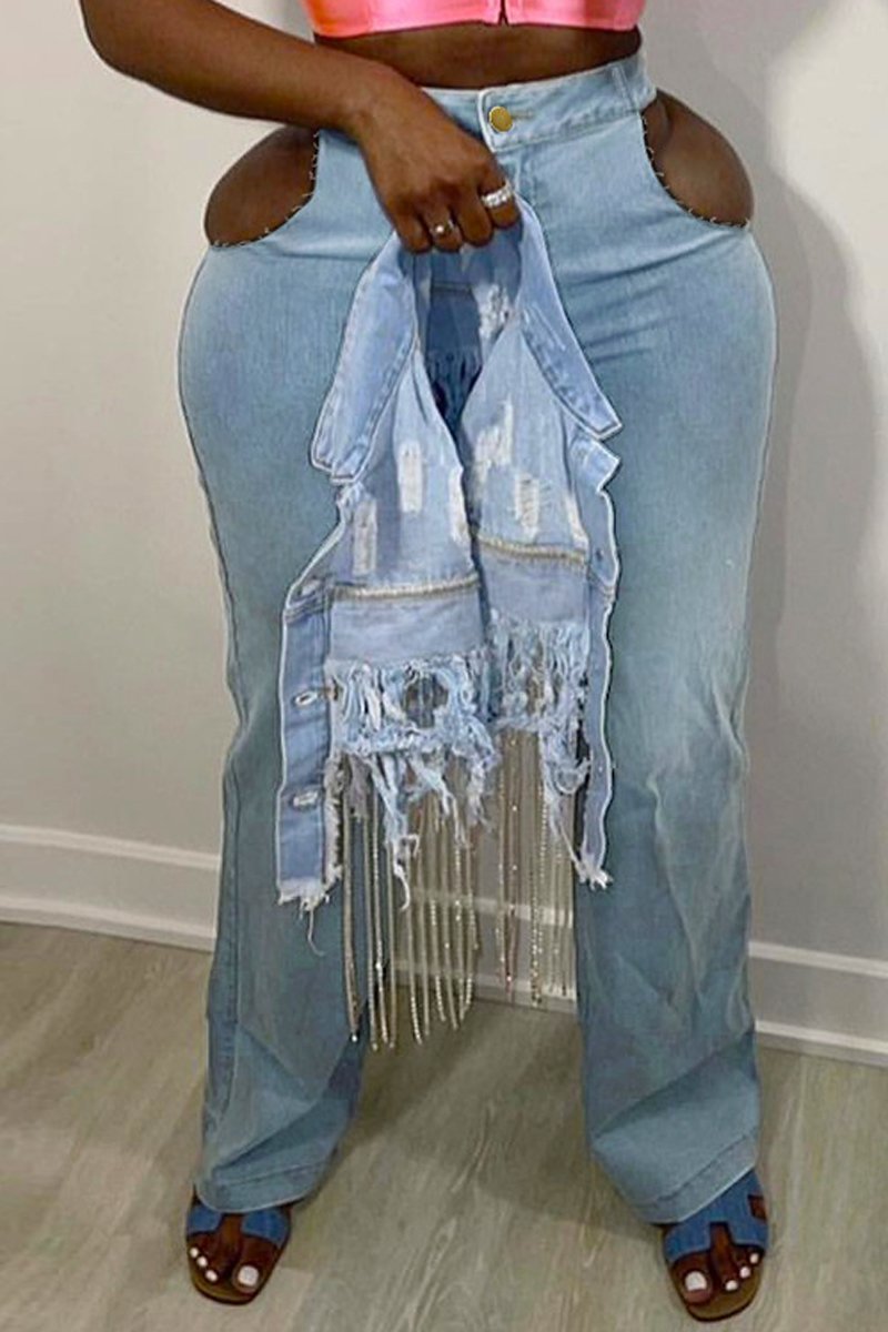 Plus Size Cutout Denim Blue Zipper Jeans