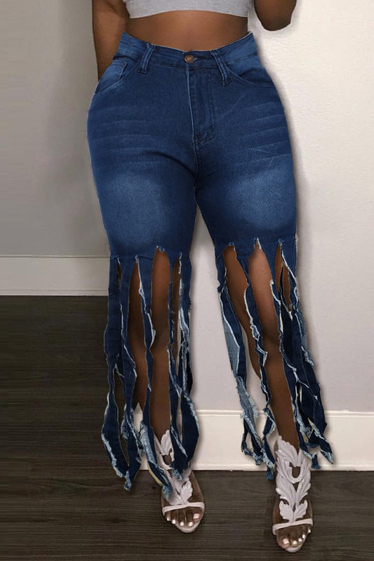 Plus Size Denim Tassel Hem High Waist Jeans