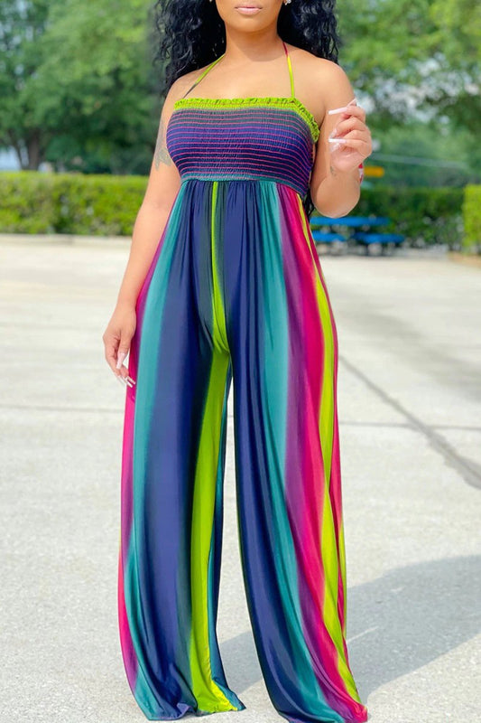 Plus Size Color Splicing Hang Neck Jumpsuit