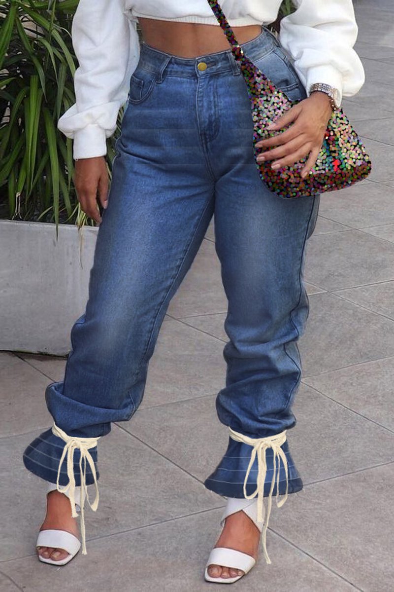 Plus Size Denim Strapped High Waist Flared Jeans