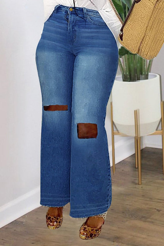 Plus Size Denim Wide Leg Hole High Waist Jeans