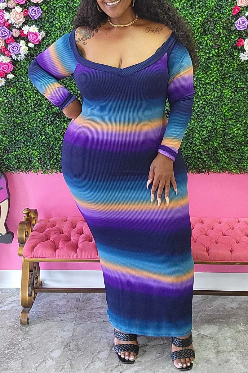 Plus Size Color Splicing V-Neck Maxi Dress