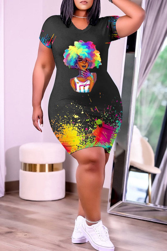 Plus Size Digital Print V-Neck Short Sleeve Midi Dress
