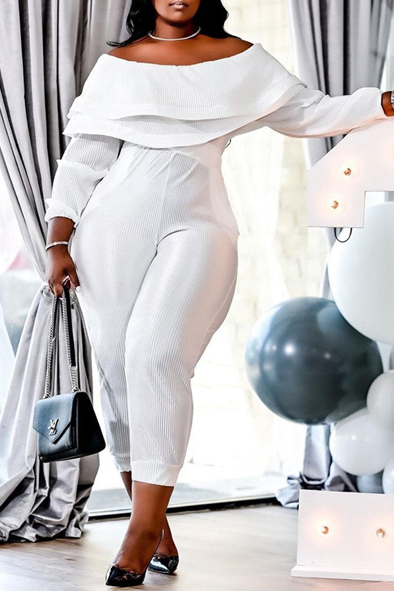 Plus Size Boat Neck Ruffle Long Sleeve Jumpsuit