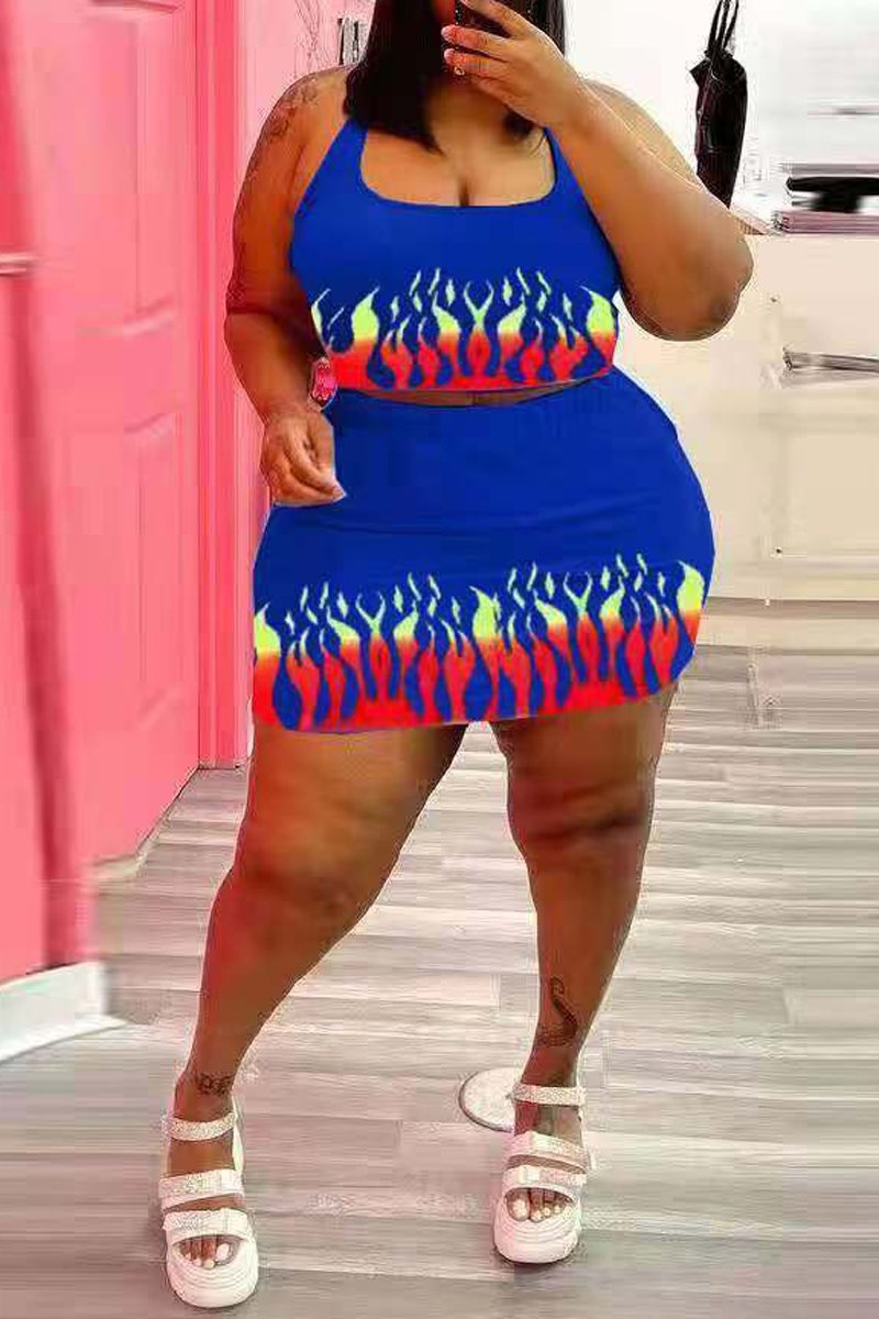 Plus Size Fire Print Hang Neck Two Piece Sets
