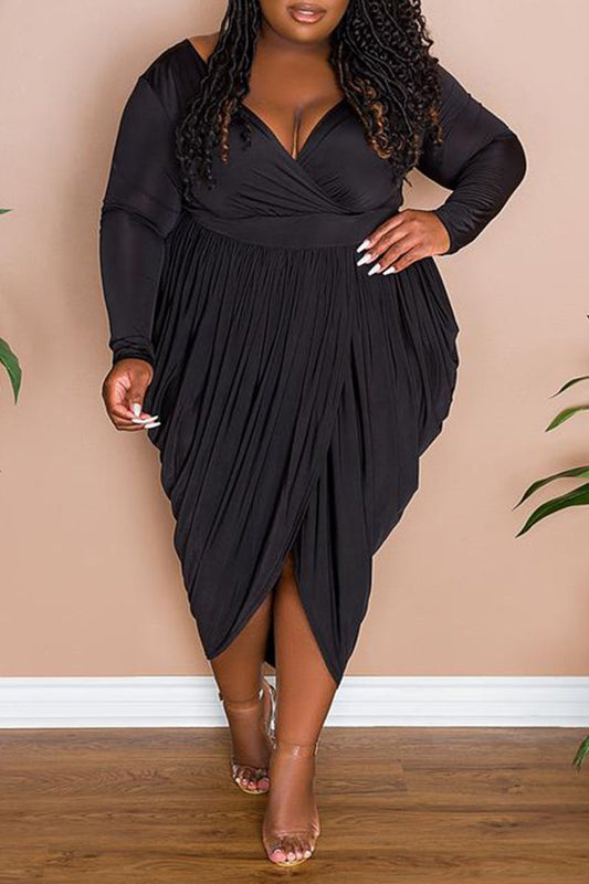 Plus Size Deep V-Neck Ruffle Slit Midi Dress