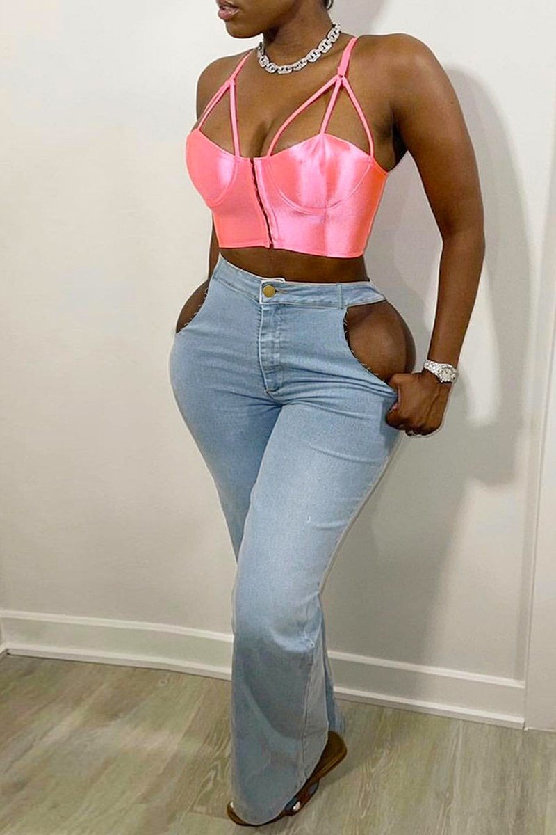 Plus Size Cutout Denim Blue Zipper Jeans