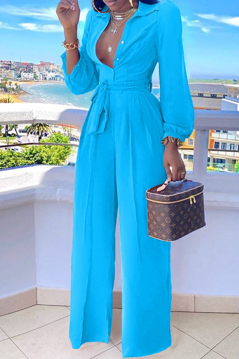 Plus Size Button Up Lapel Wide Leg Belted Jumpsuit