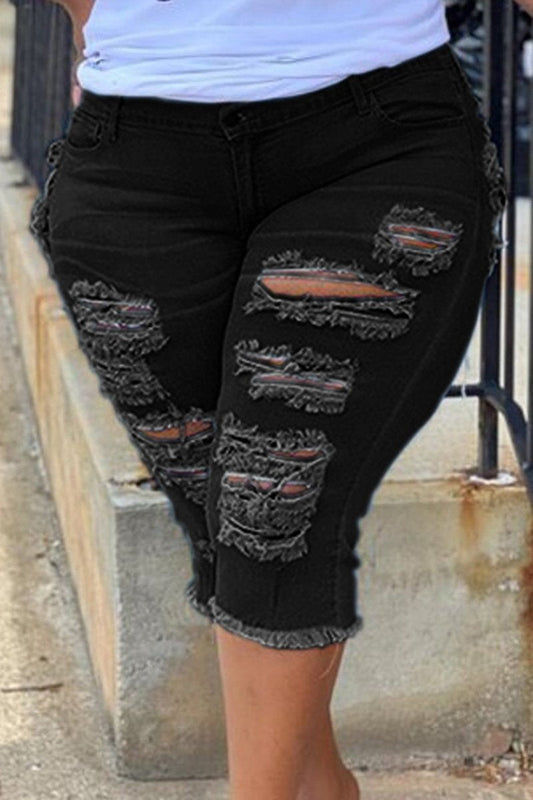 Plus Size Denim Hole Distressed Tassels Shorts