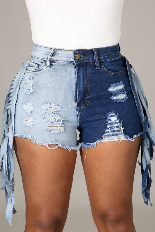 Plus Size Denim Color Patchwork Tassels Shorts