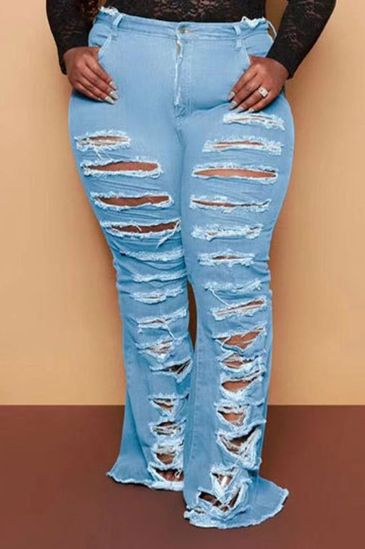 Plus Size Denim Hole Distressed Flared Jeans