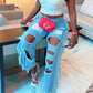 Plus Size Denim Tassel Hem Sequin Hole Wide Leg Jeans