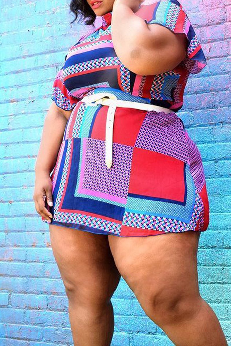 Plus Size Color Block Loose Flared Sleeve Mini Dress