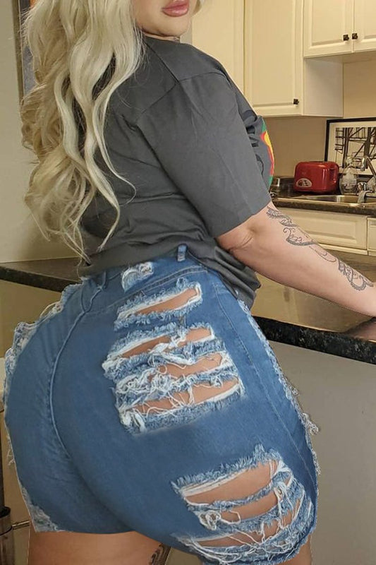 Plus Size Denim Hole Distressed Shorts