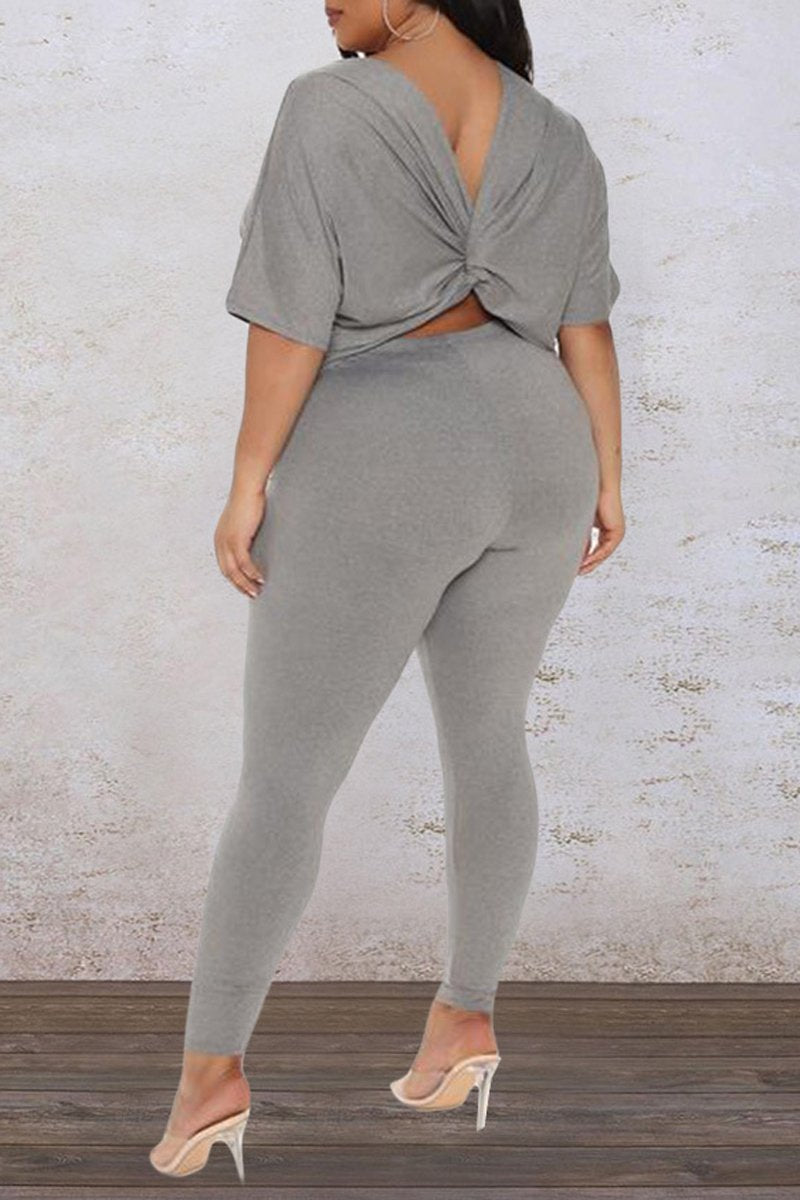 Plus Size Back Twisted Skew Neck Two Piece Sets