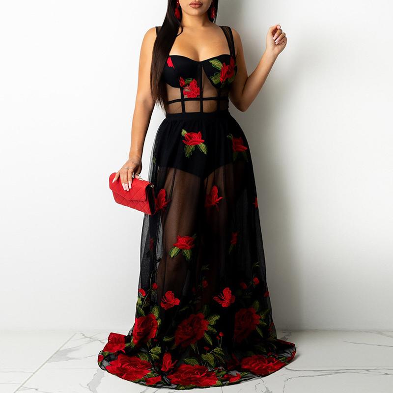 Plus Size Floral Embroidered Halter Neck Maxi Dress