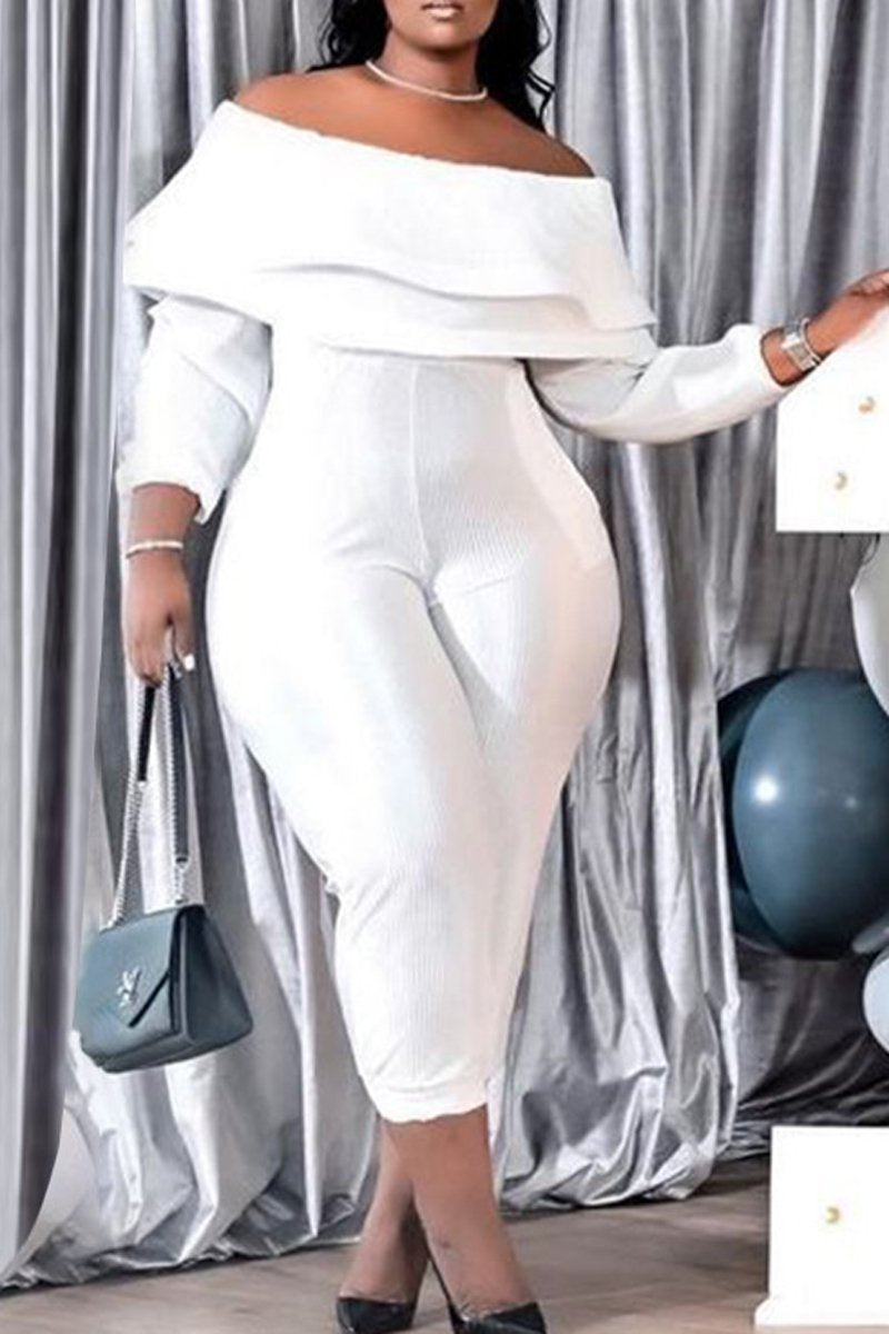 Plus Size Boat Neck Ruffle Long Sleeve Jumpsuit
