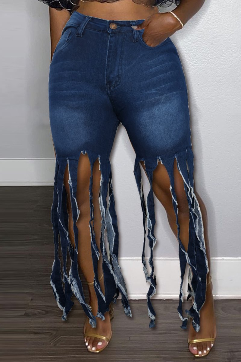 Plus Size Denim Tassel Hem High Waist Jeans