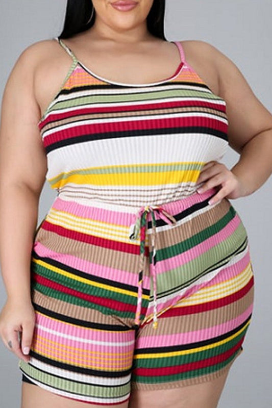 Plus Size Colorful Striped Halter Neck Top & Shorts