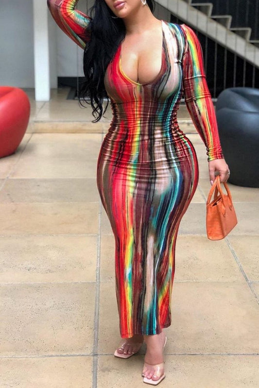 Plus Size Colorful Tie Dye Deep V-Neck Dress