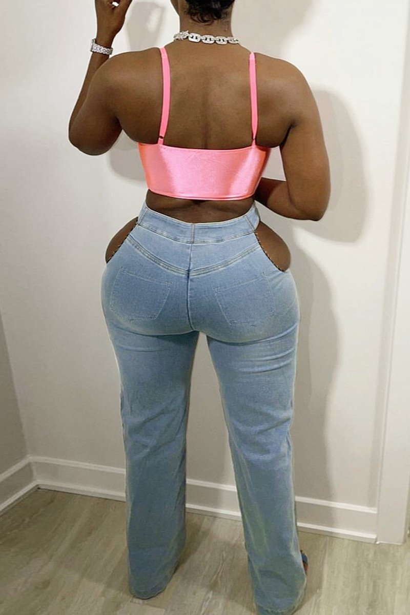 Plus Size Cutout Denim Blue Zipper Jeans