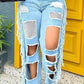 Plus Size Denim Tassel Hem Sequin Hole Wide Leg Jeans