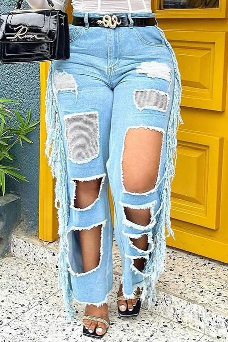 Plus Size Denim Tassel Hem Sequin Hole Wide Leg Jeans