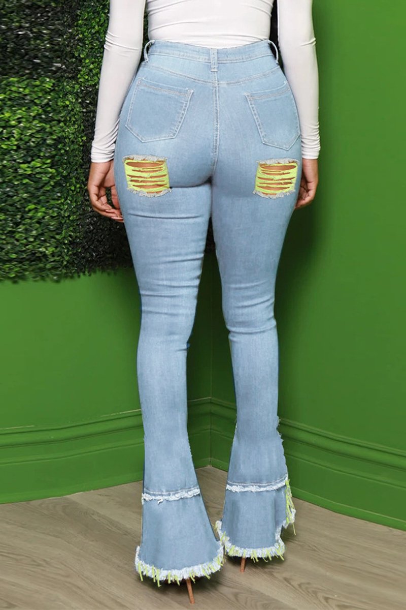 Plus Size Denim Hole Butterfly Print Flared Jeans